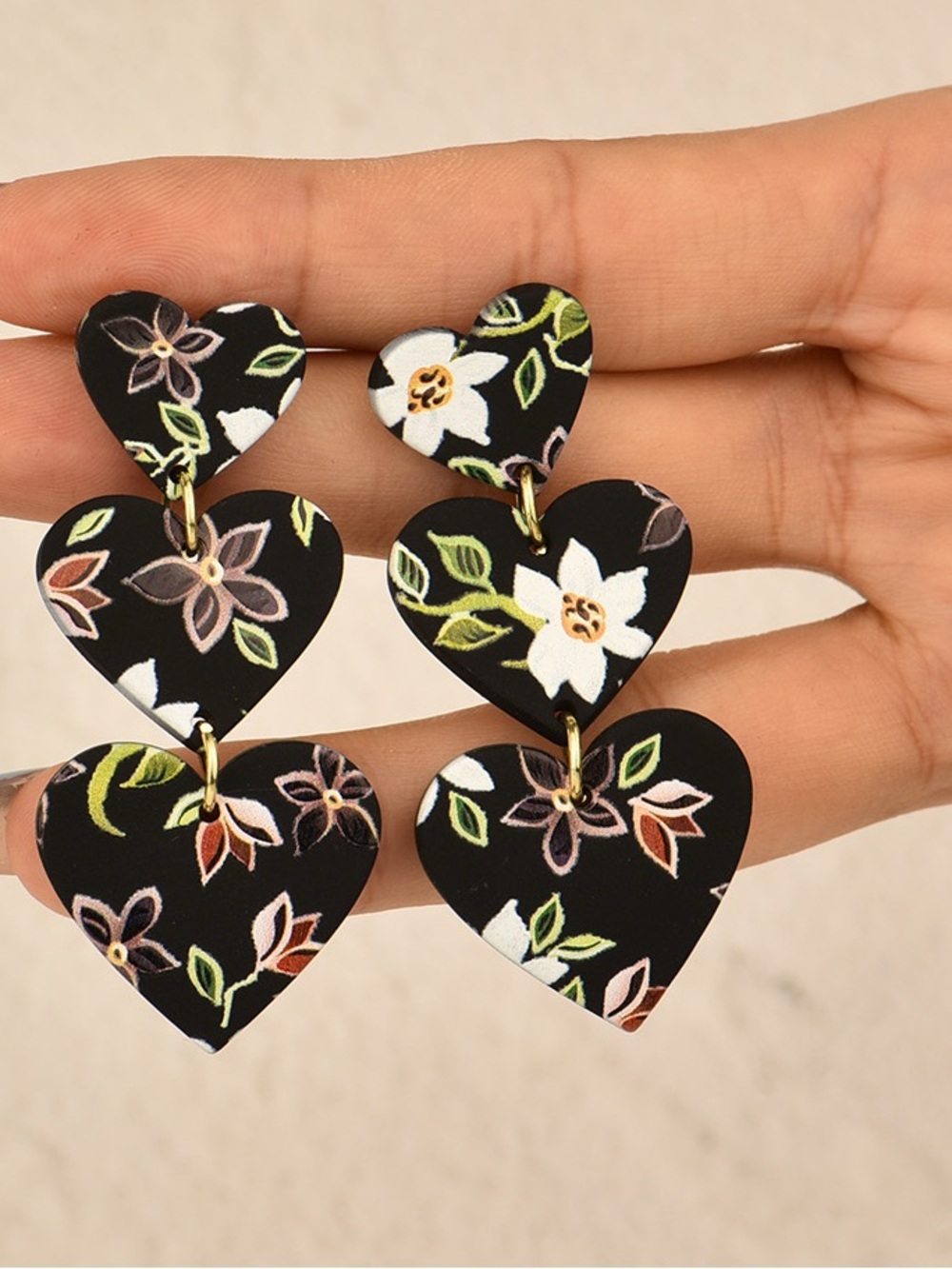 Floral Black Heart Drop Earrings - Elegant Women's Jewelry Ceramic Clay Texture